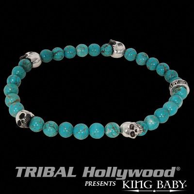 6mm Red Coral Bead Bracelet w/ 4 Skulls | S / Red - King Baby Studio