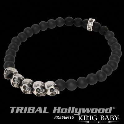 Mens Bead Bracelet Onyx and Silver Skulls by King Baby
