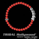 K40-5530-RCO Mens Bead Bracelet RED CORAL AND SILVER SKULLS by King Baby | Tribal Hollywood Top View