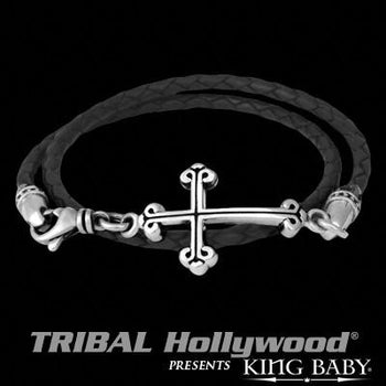 Mens Cross Bracelet DOUBLE WRAP CROSS Braided Leather and Silver by King Baby | Tribal Hollywood