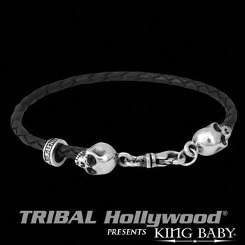 Braided Mens Bracelet DOUBLE HAMLET SKULL in Black Leather by King Baby