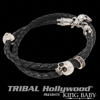 Skull Black Leather Mens Silver Bracelet Double Wrap