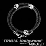 Skull Black Leather Mens Silver Bracelet Double Wrap Top View