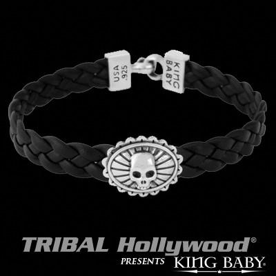 Silver Skull Concho Mens Black Leather Bracelet by King Baby