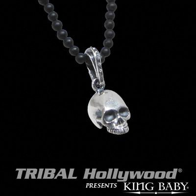 Mens Pendant Necklace Silver HAMLET SKULL with Black Onyx Ball Chain  | Tribal Hollywood