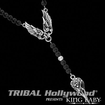 K56-5460 Silver Winged Necklace for Men RAVEN SKULL ROSARY by King Baby	| Tribal Hollywood