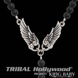 K56-5460 Silver Winged Necklace for Men RAVEN SKULL ROSARY by King Baby	| Tribal Hollywood Wings Close-up