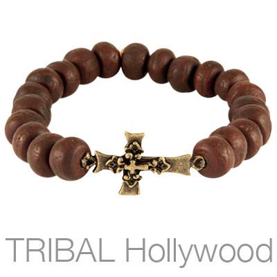 Ettika Man Bodhi Seed Brass Cross Mens Bead Bracelet