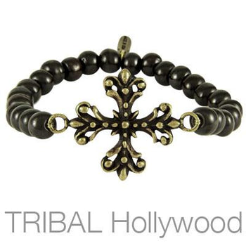 Ettika Man Fleur de Lis Cross Black Agate Bead Bracelet