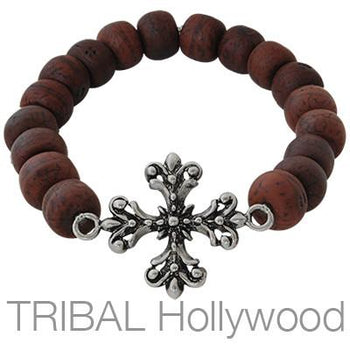 Ettika Man Bodhi Seed Fleury Cross Wood Prayer Bead Bracelet