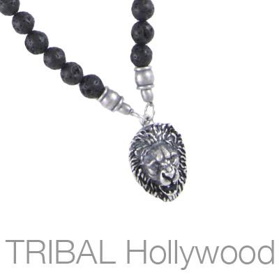 Mens Bead Necklace JUNGLE KING RED RIVER BEET with Lions Head Medallion | Tribal Hollywood