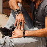 Man Wearing Jet Skull Ring and Black Bracelets