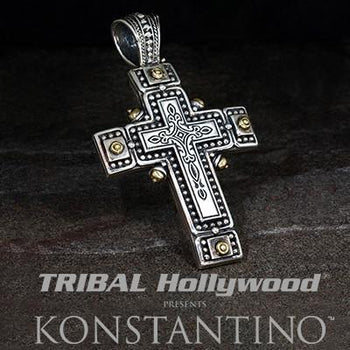 Konstantino Riveted Silver Greek Cross Mens Necklace Pendant