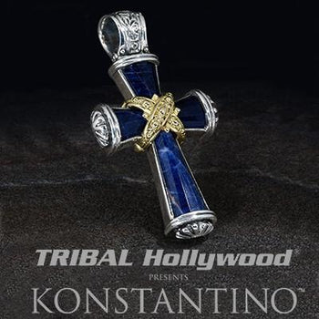 Konstantino Blue Greek Sunrise Cross Silver Gold Necklace