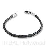 BLACK BRAIDED FAUX LEATHER BRACELET Thick Width 