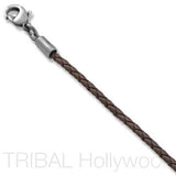 BROWN BRAIDED FAUX LEATHER NECKLACE Medium Width Close-up