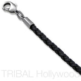BLACK BRAIDED FAUX LEATHER NECKLACE Thick Width Close-up