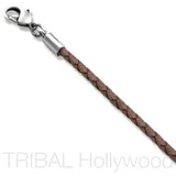 BROWN BRAIDED FAUX LEATHER NECKLACE Thick Width Close-up