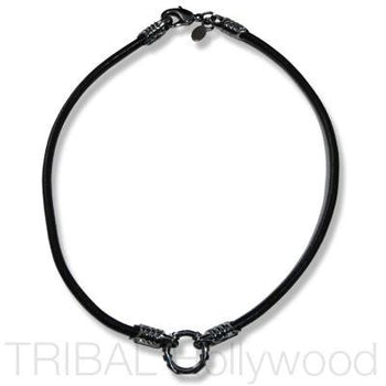 BLACK LEATHER NECKLACE with Gunmetal Warrior Metalwork 