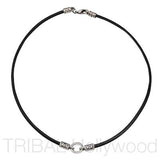 BLACK LEATHER NECKLACE with Silver Tribal Metalwork 